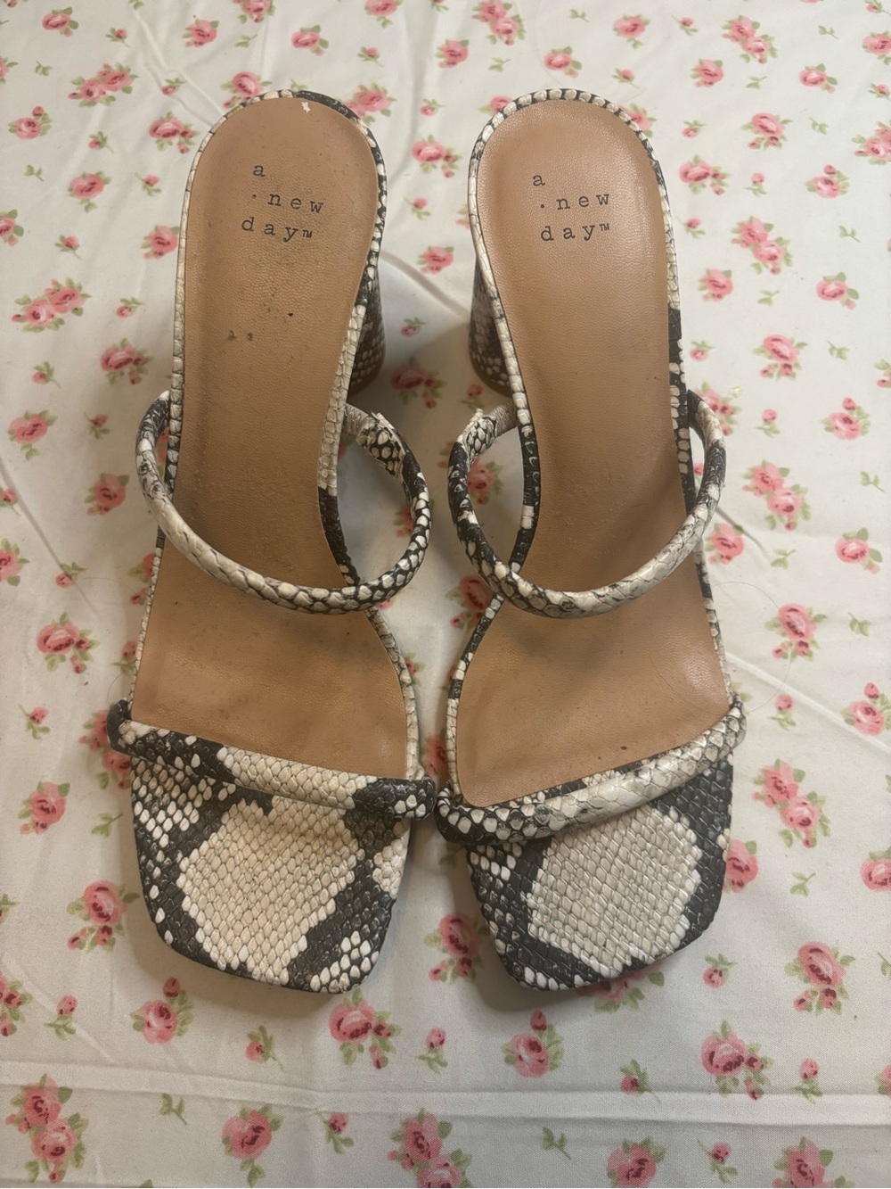 a new day White and Black Snake-Print Strappy Block Heel Sandals